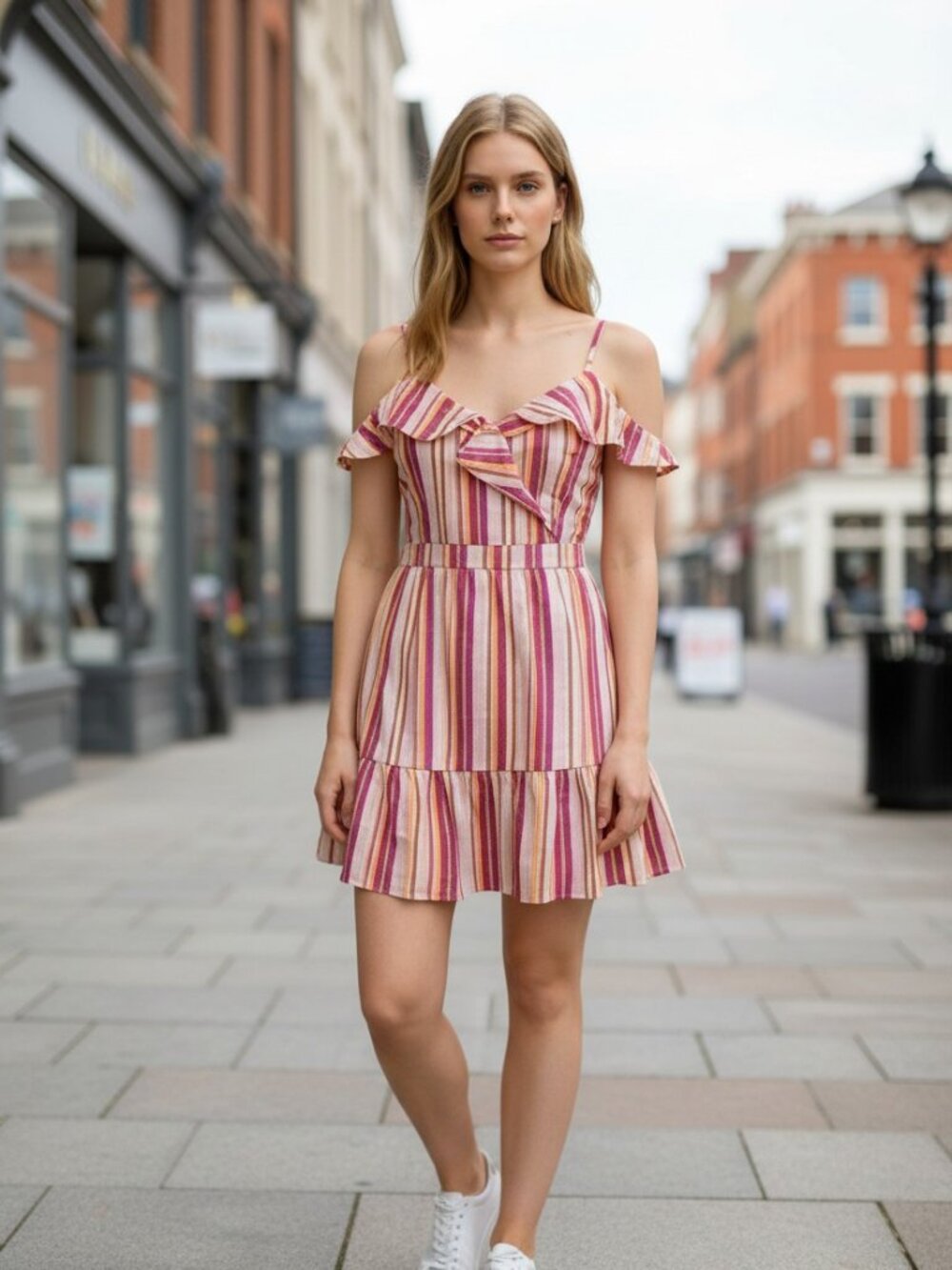 Parker Isadora Poolside Stripe Cold Shoulder Ruffle Barbie Y2K Mini Dress 4 NWT